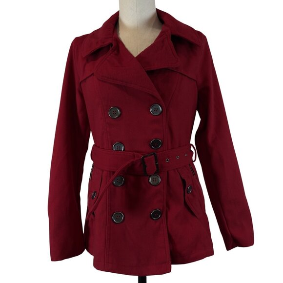 Rue 21 Womens Red Pea Coat Double Breasted Long Sleeve Belted Zip Pockets Size M - Picture 1 of 16